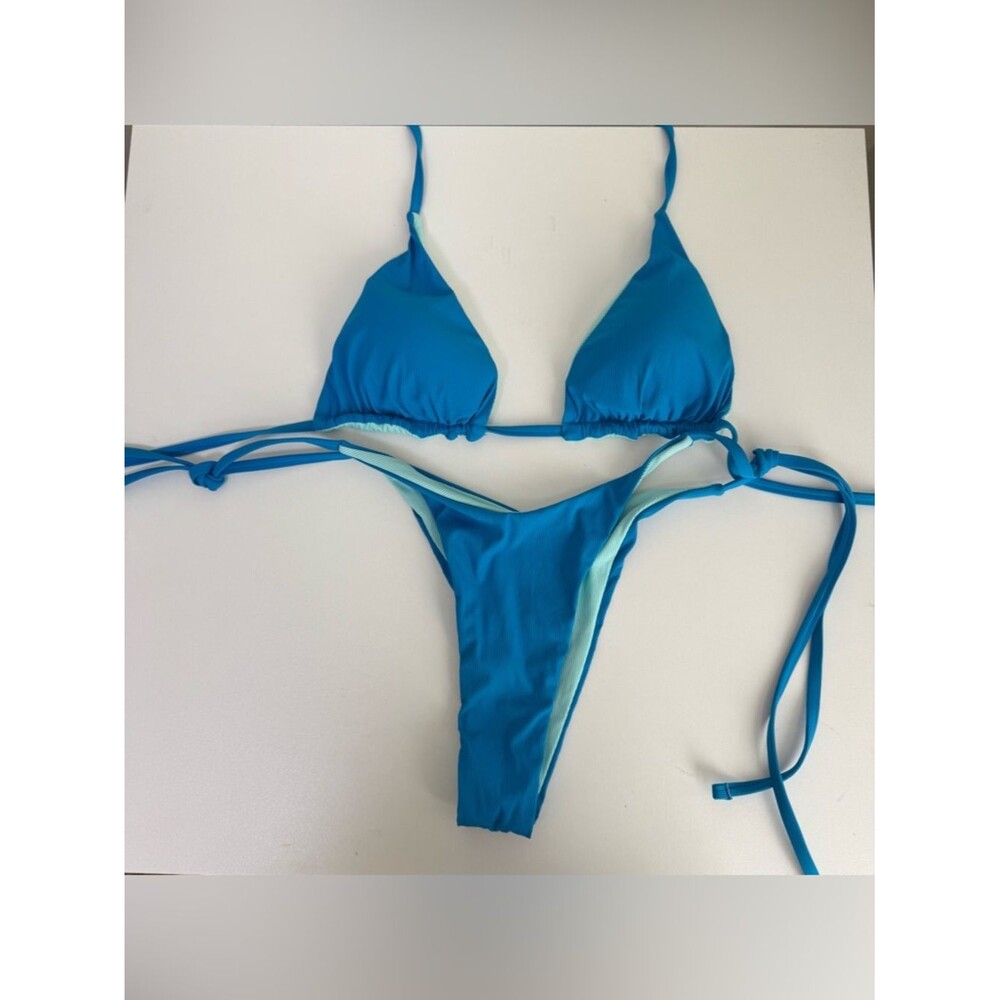 Berlook Blue Reversible Halter Triangle Bikini Top and Bottom
